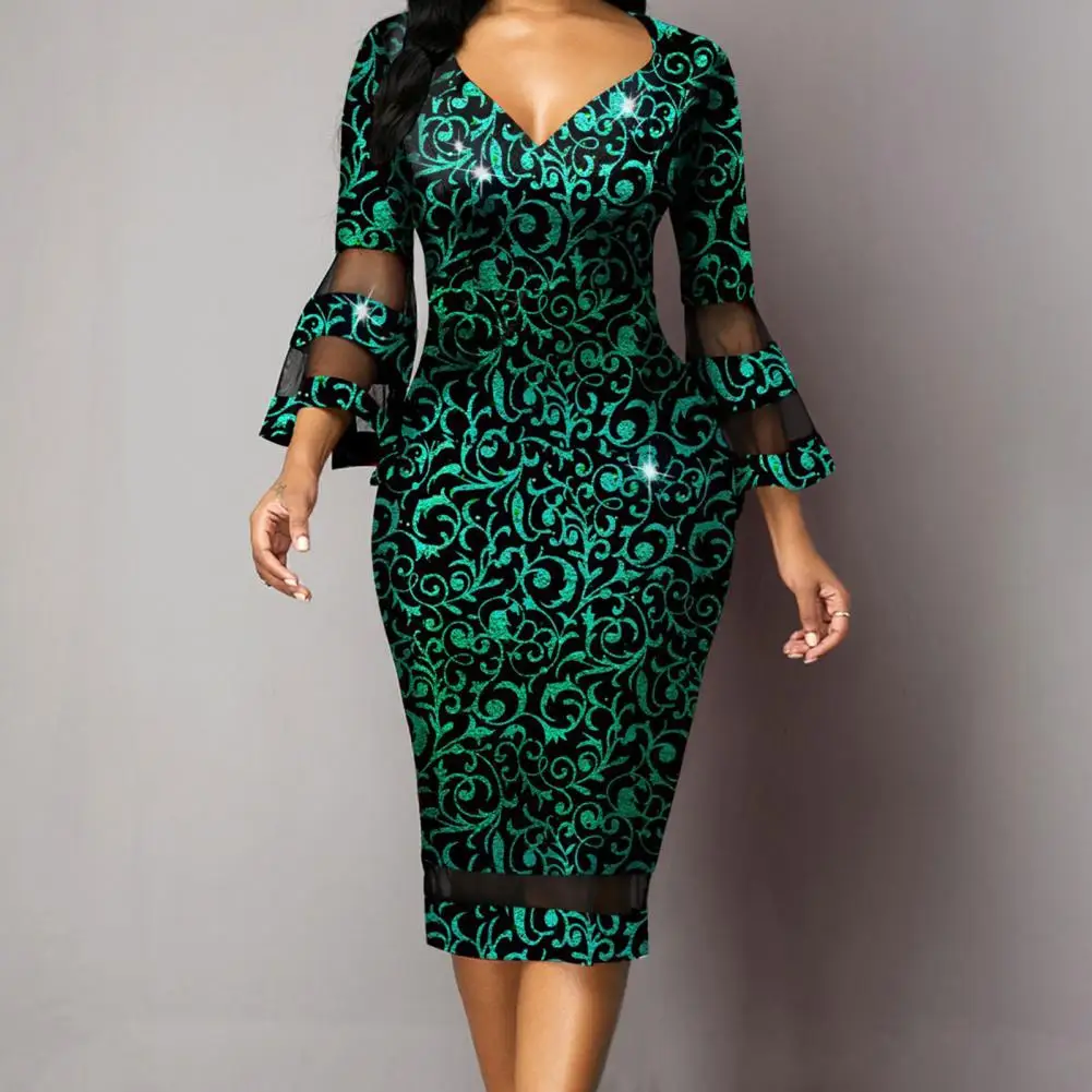 Evening Dress  Beautiful Fashionable Print 3/4 Flare Sleeve Lady Dress  Shrink Resistant Bodycon Dress