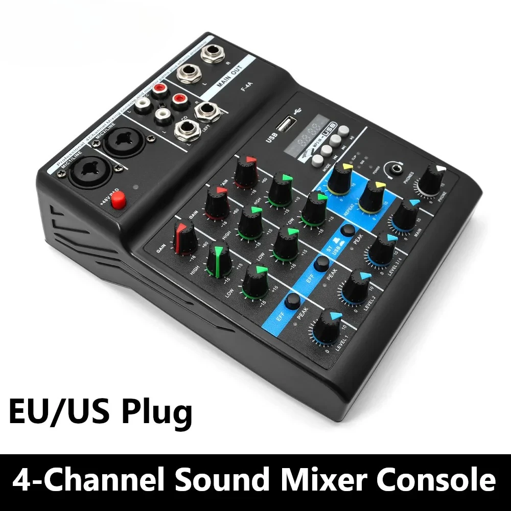Professional 4-Channel Sound Mixer Console Mini Audio Mixer Sound Card Computer Input 48v Power USB Computer Record