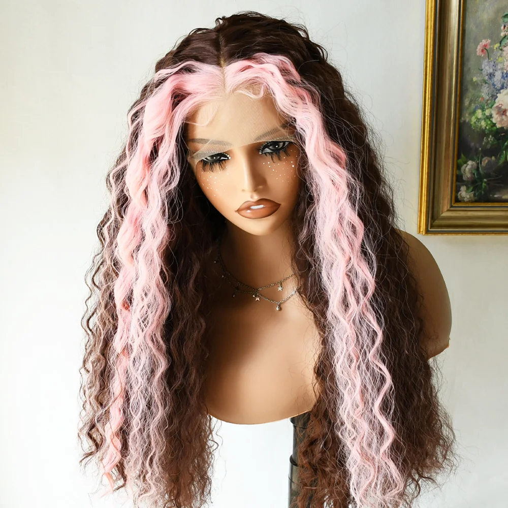 Розовый Выделите Коричневый Парик Прозрачный Кудливый Парик Фронта Шнурка Розовый Коричневый Глубокая Волна 13x4 Hd Парик Фронта Шнурка Синтетический Для Женщин