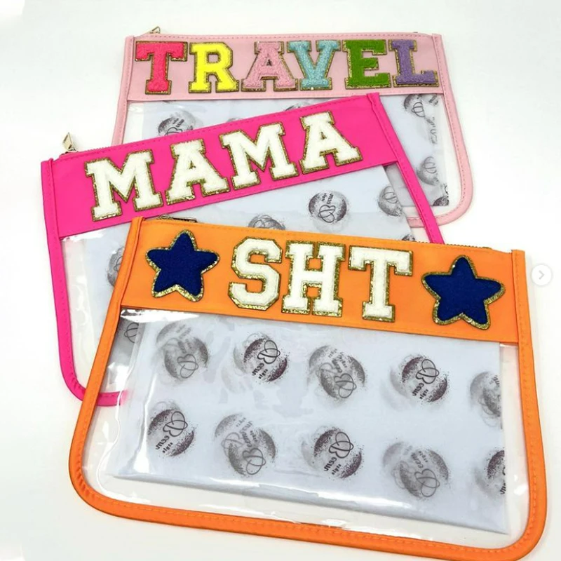 Can DIY Personalized Letter Patches Makeup Bag Travel Toiletry Bag Birthday Bridesmaids Gift Transparent Pvc Clear Cosmetic Bag