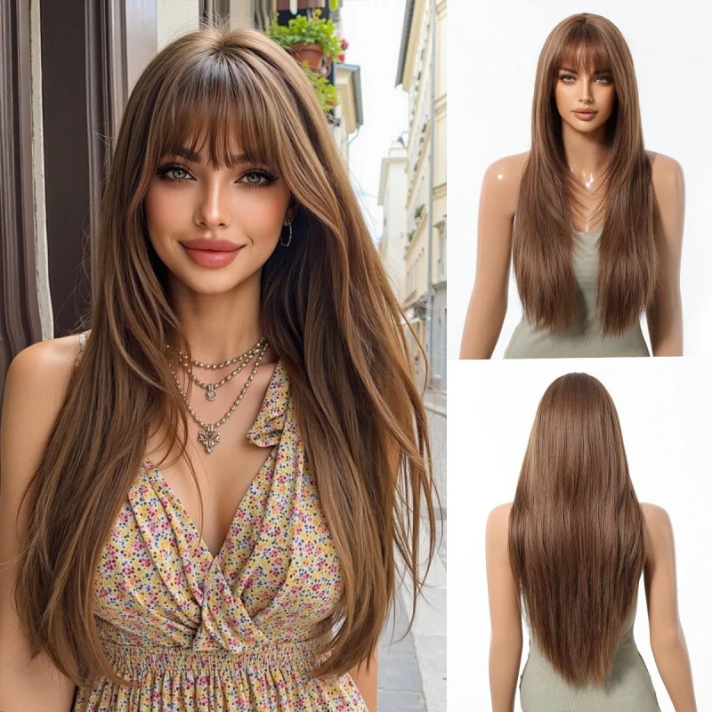 

Women's wig in warm brown color with -layered air bangs, long straight hair, high crown, full head cover