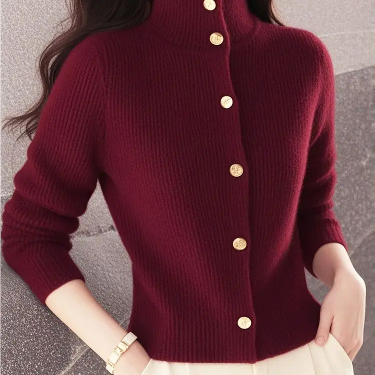 

Thickened Pure Wool Loose Coat Polo Collar Women's Fashion Sweater Golden Button Top for Autumn Winter E11249