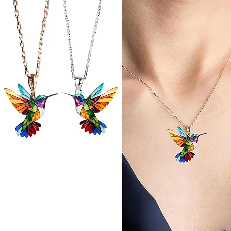 Fashion Colorful Acrylic Hummingbird Vintage Pendant Necklace Exquisite Anniversary Gift Women's Trendy Jewelry Necklace