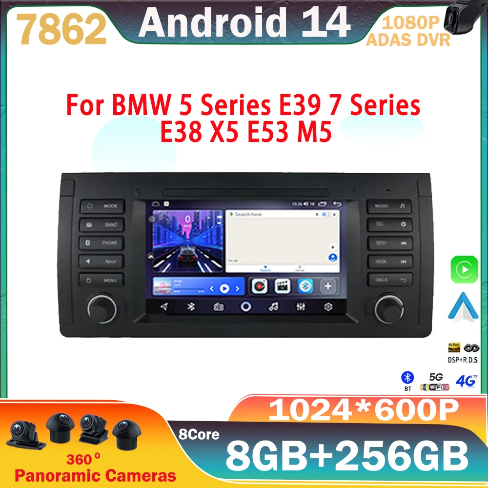 Android 14 Car Radio for BMW 5 Series E39 7 Series E38 X5 E53 M5 Android Auto Carplay Buttons Car Stereo GPS Intelligent System