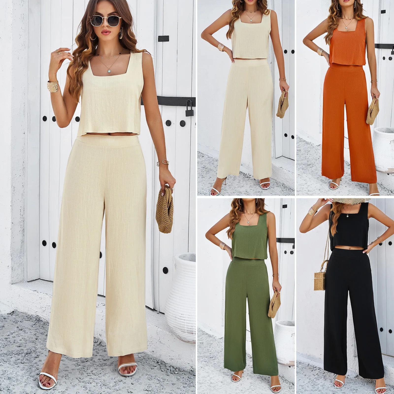 High Quality Women's Clothing 2024 Spring summer Casual Temperament Sleeveless Square Neck Vest Elastic Waist Long Pants Set Y2k