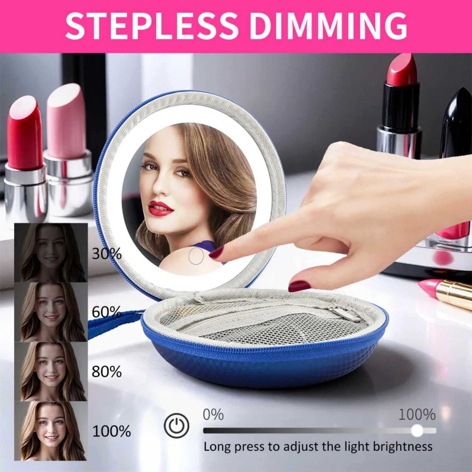 Espelho de maquiagem de couro portátil - com escurecimento por toque, armazenamento de batom embutido, alça suspensa e recarregável