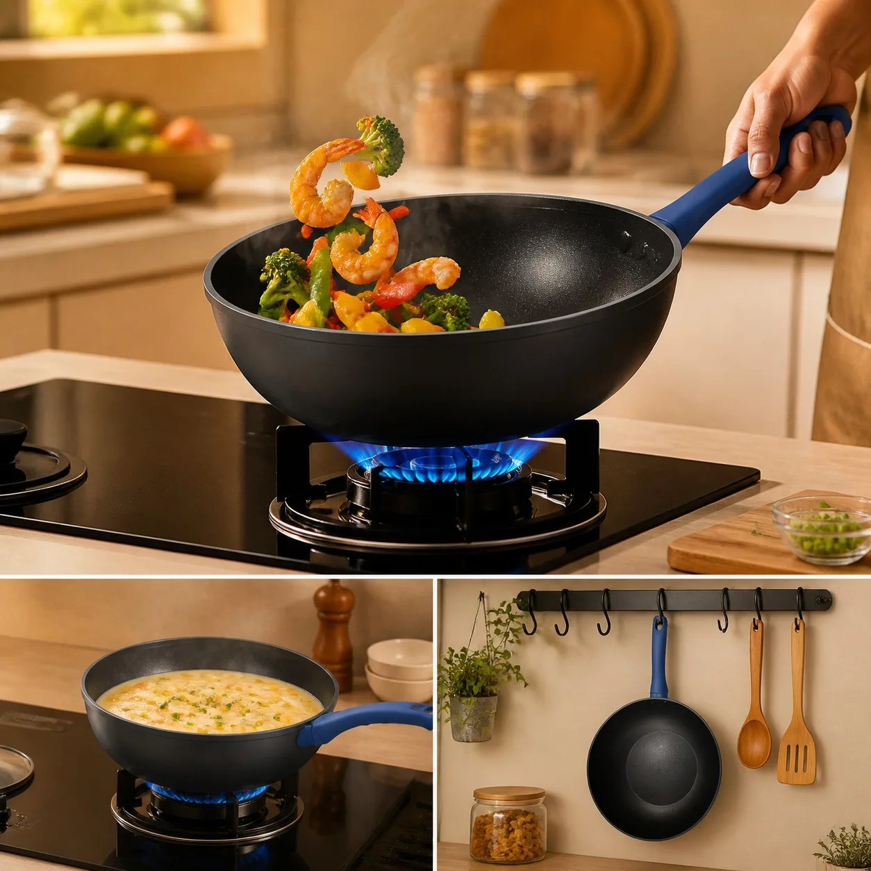 Wok en aluminium forgé de 28 cm avec revêtement antiadhésif, poignée ergonomique bleue résistante à la chaleur, poêle profonde pour plaques à induction, gaz et vitrocéramiques, et nettoyage facile