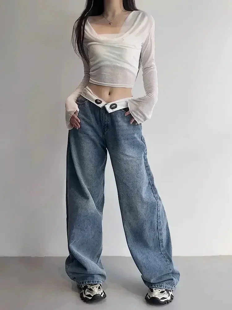 Y2k American Retro Jeans 2024 Donne di estate Nuovo ribaltato Design di moda Instagram Gamba larga Allentato Strada Casual Pantaloni a gamba dritta