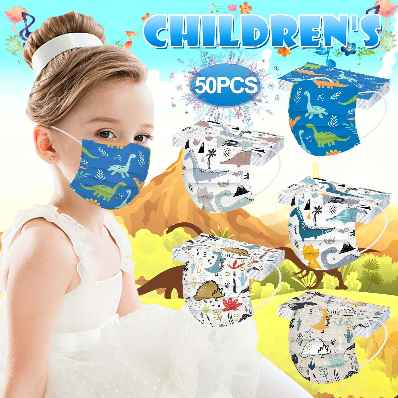 50pcs Children Mask Cute Dinosaur Print Face Covering Kid Party Disposable Protector Breathable Nose Ear Loop Safety Supply T1