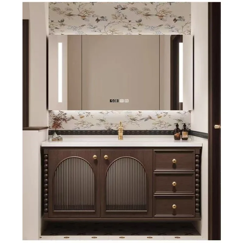 

French oak retro style bathroom cabinet combination rock slab ceramic integrated American bathroom