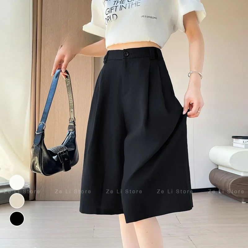 Women's Summer New High Waist Thin Lyocell Linen A-Line Shorts Wide Leg Pants Ice Silk Pants Five-Point Pants Casual Style