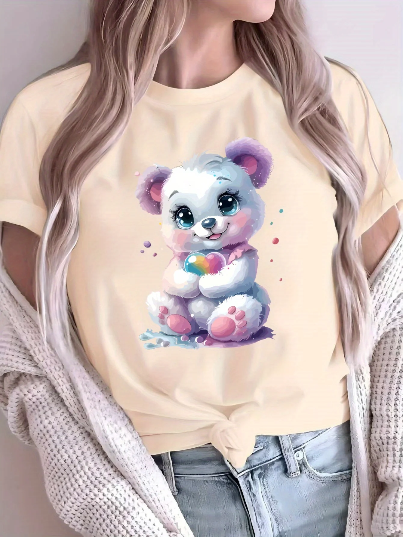 

Adorable Cartoon Bear Print Women's T-Shirt Breathable Casual Sporty Style for Cute Pink Sleeve Tee with Playful Animal Design