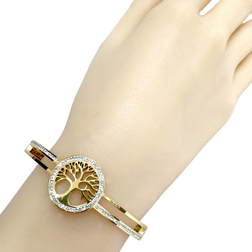 High Quality Stainless Steel Bracelet For Women Electroplated Silver Gold Rose Color Life Tree with Diamonds  Exquisite Jewelry