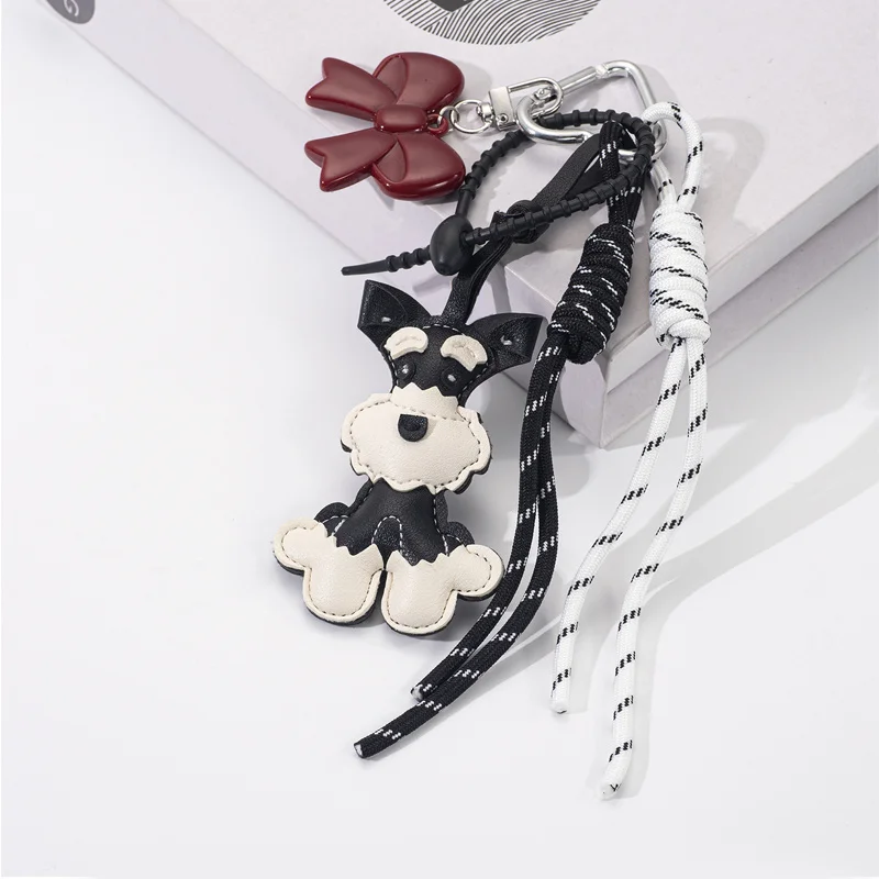Niedlicher Welpe Schnauzer PU-Leder Schlüsselanhänger Cartoon Tier Hund Anhänger Schöner Taschenaufhänger für Frauen