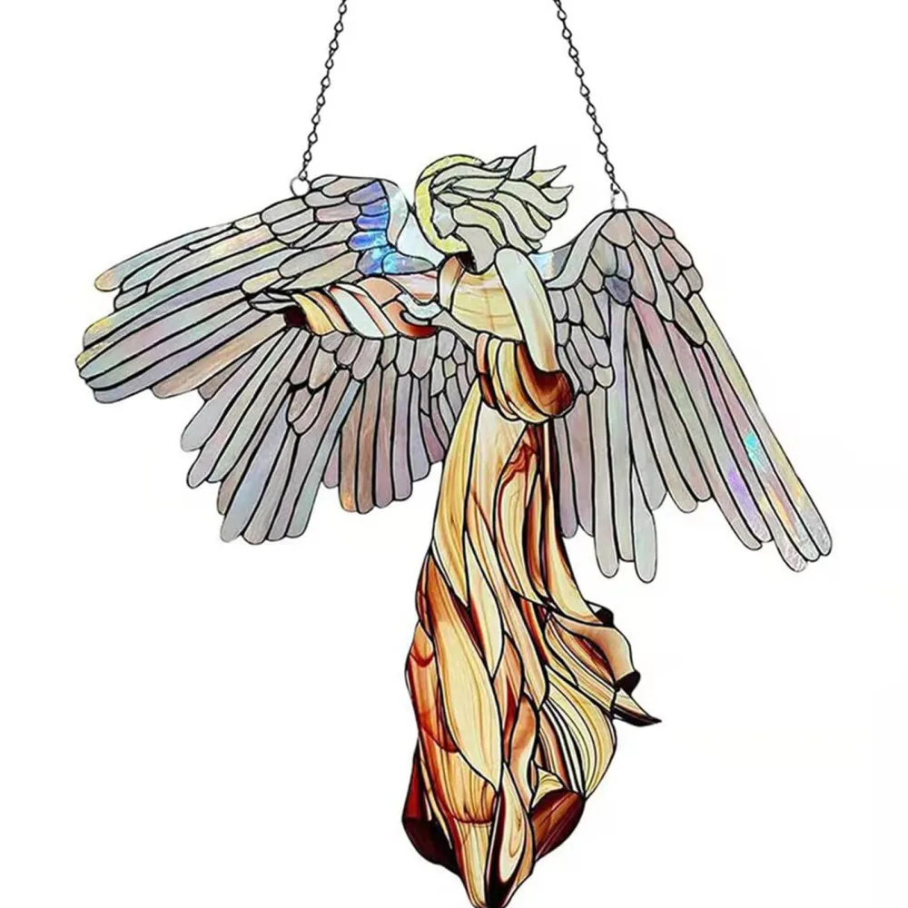 

Colorful Acrylic Suncatchers Halls Unique 30x29cm For Home Indoor Art Pendant Multicolor Creative Guardian Angel Window Ornament