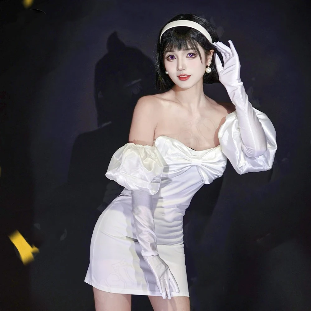 ملابس أنيمي المرحلة تأثيري حلي فستان أبيض مثير المرأة كاملة