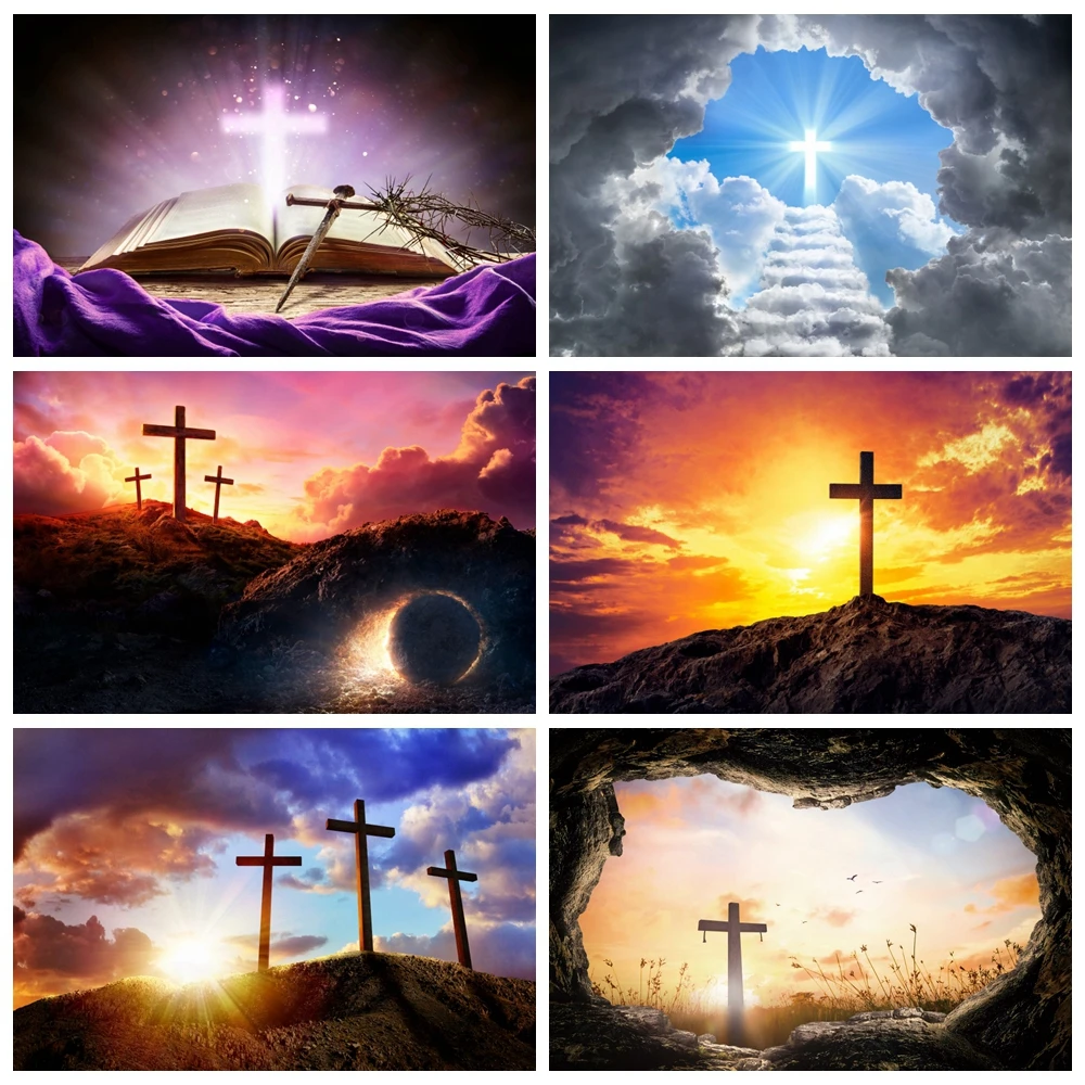 

Jesus Christ Cross Backdrop Sunrise Sunset Mountain Crucifix Pray Crucifixion Belief Church School Event Party Background Decor