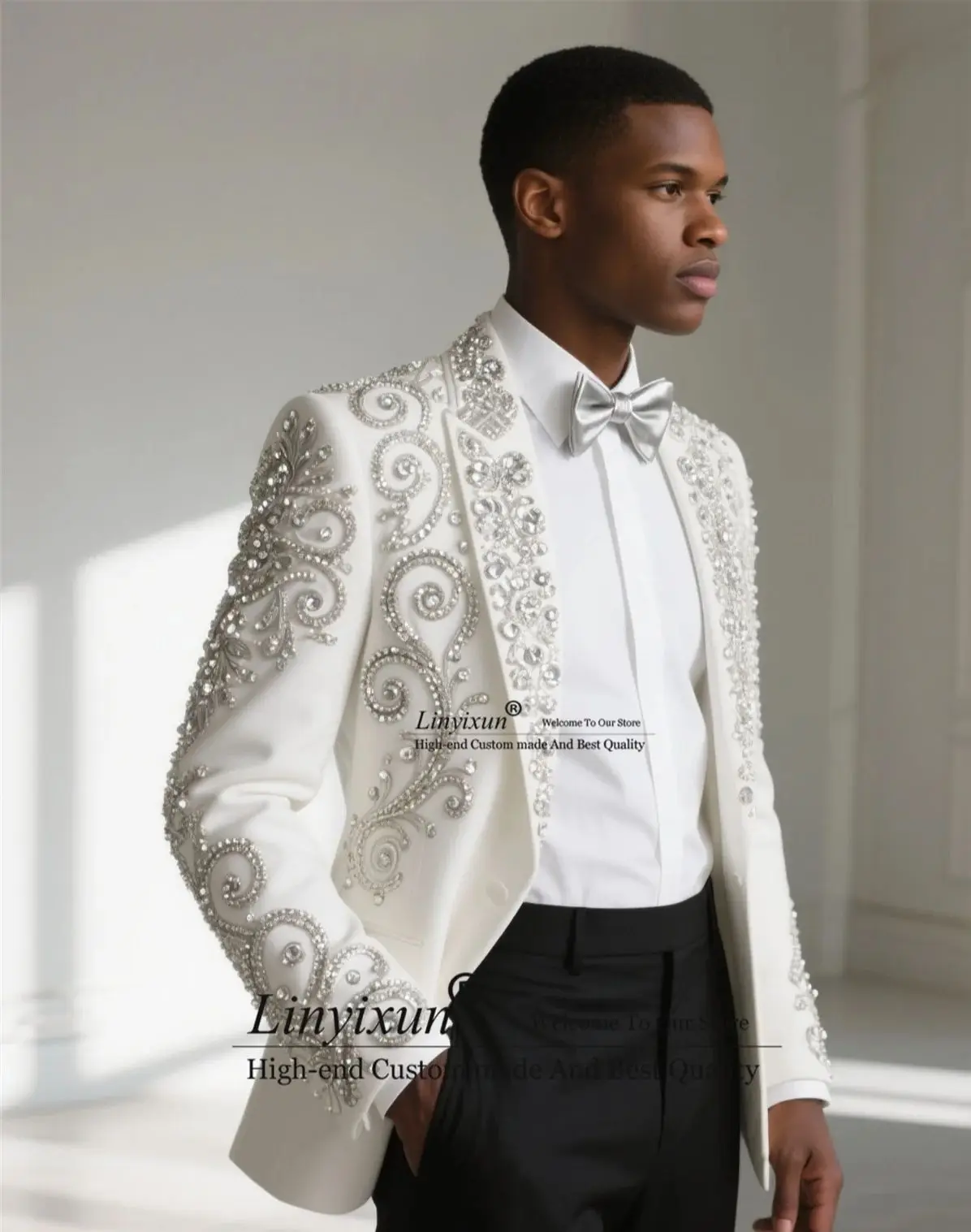 

Handsome Jewelry Diamond Tuxedo Men Suit Slim Fit 2 Piece Sets Male Prom Blazer Customized Groom Wedding High End Costume Homme