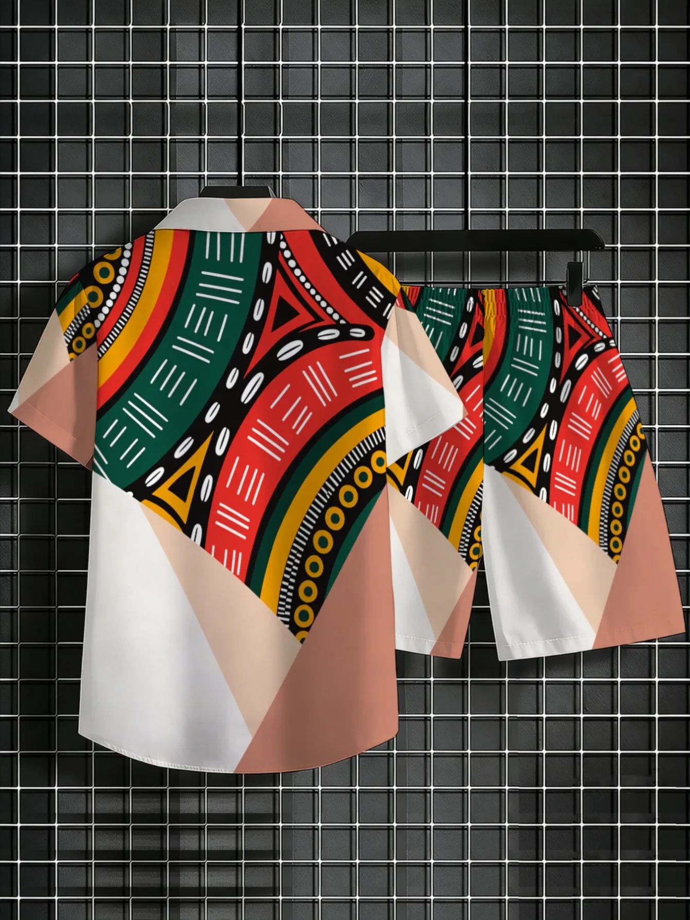 Men African Tribal Geometric Print Two Piece Outfit Short Sleeve Shirt Elastic Waist Shorts Summer Casual Suit