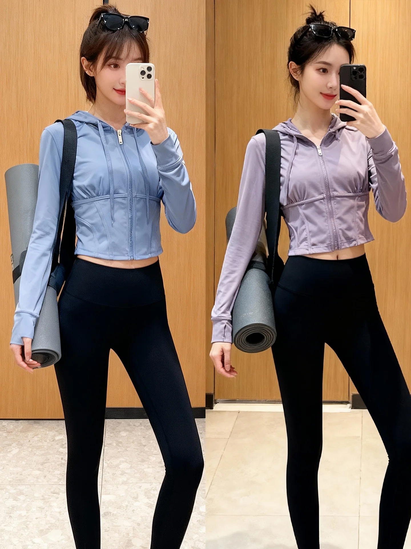 

Fall New Yoga Women's Fitn ort Coat Fibone Waist Cinching Stitched Slimming Zipper Hooded Open Cardigan Sportswear