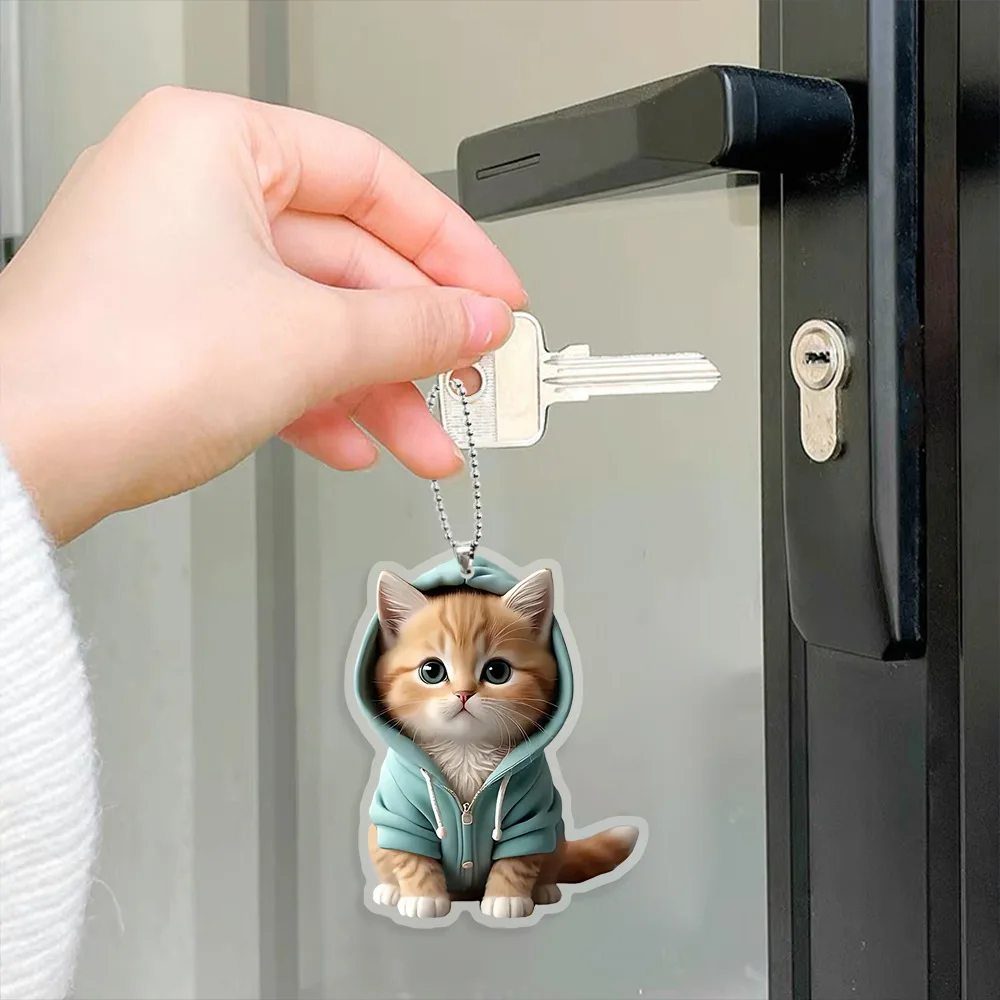 2D Acrylic Blue Hoodie Kitten Cat Keychain Cartoon Car Pendant Backpack Cute Hanging Decorations Party Gift Supplies Home Decor