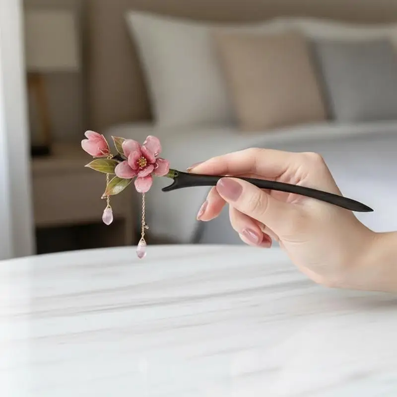 Chinesischer Retro-Haarnadel im traditionellen Hanfu-Stil mit rosa Blumenquaste, elegantes Haaraccessoire für Damen für den Alltag und festliche Anlässe. – Detail 4