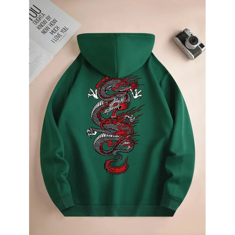 Men's new fashion hoodie, casual daily drawstring hooded sweatshirt dragon print, front kangaroo pocket, men's jacket