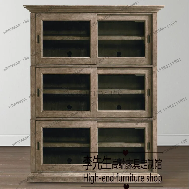 

American rural solid wood bookcase, French oak retro old glass door display case