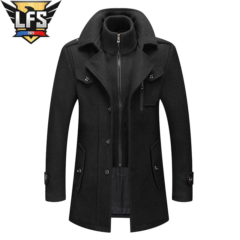 

Men's Wool Blend Winter Double Collar Cold Thickening Warm Wool Coat High Quality Design Fashion Wool Blend Long Coat Men