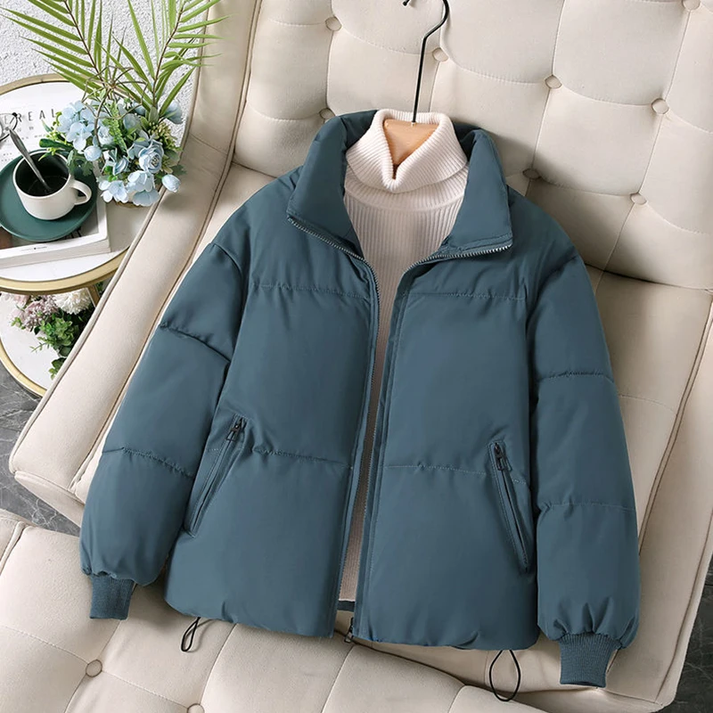 Bread Cotton Jacket Women Winter Padded Thickened Warm Windproof Coat Long-Sleeved Zipper Stand Collar Fashion Outwear