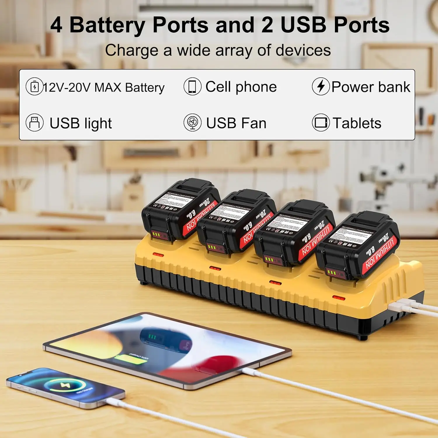 Replacement Charger for Dewalt 12V 20V MAX Chager DCB104, 4-Port, Rapid Charge, 2 USB Ports