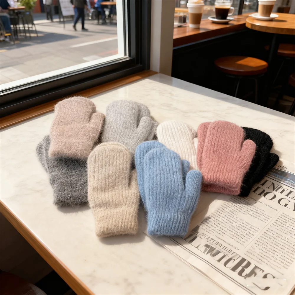 니트 여성 장갑 따뜻한 방풍 학생용 자전거 액세서리 부드러운 미끄럼 방지 손바닥 일상 학교 통학 겨울 야외 착용