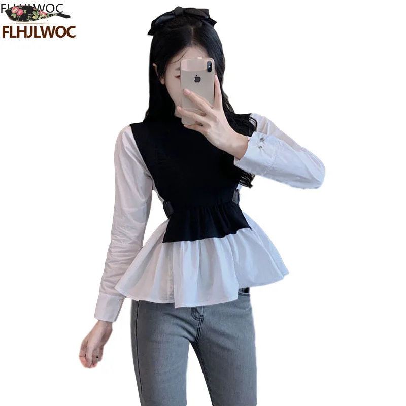 Hot Sales New Design Womens Fashion Cute Sweet Preppy Style Girls Patchwork Striped Tops Fuax Two Piece Knitted Sweater Shirts