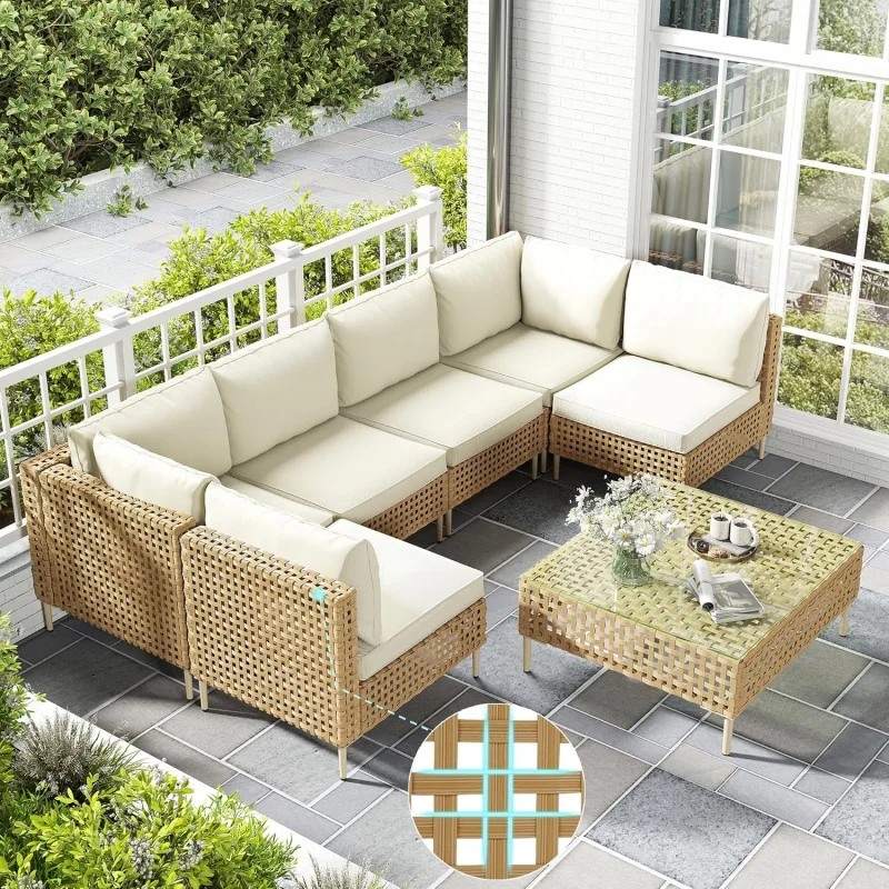 

2026：Large Piece Wicker Outdoor Sectional Furniture with Coffee Table, Patio Conversation Set