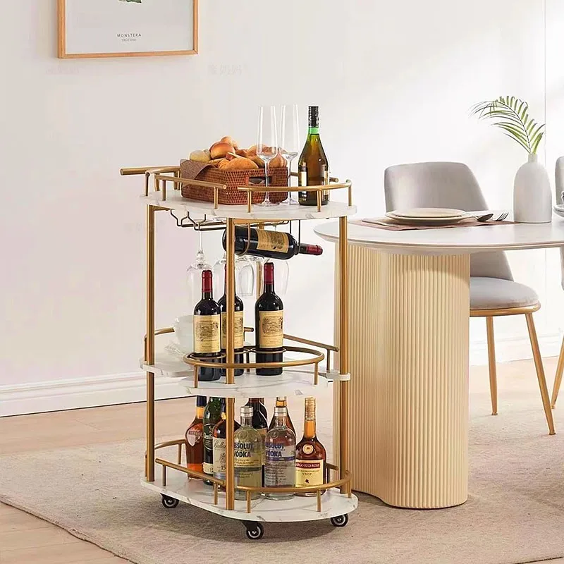 European three-layer wine dining car wrought iron cart bar home storage wine glass artificial marble tool cart