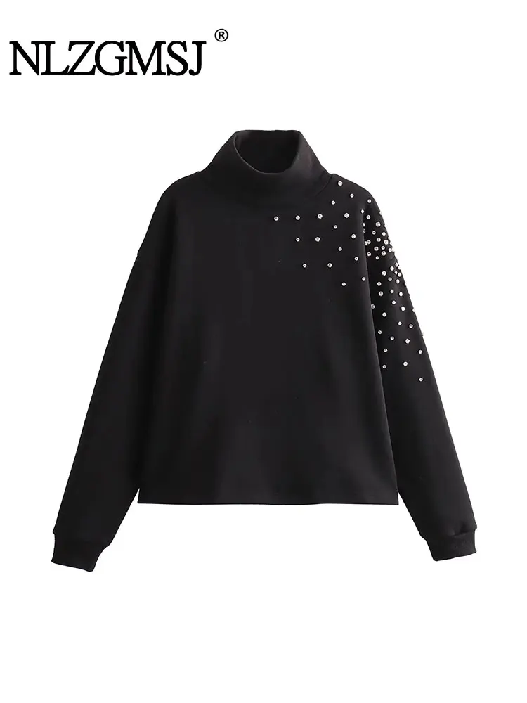 

Nlzgmsj TRAF 2024 Women Winter Turtleneck Jewel Sweater Vintage Warm Tops Woman Casual Loose Rhinestone Sweater