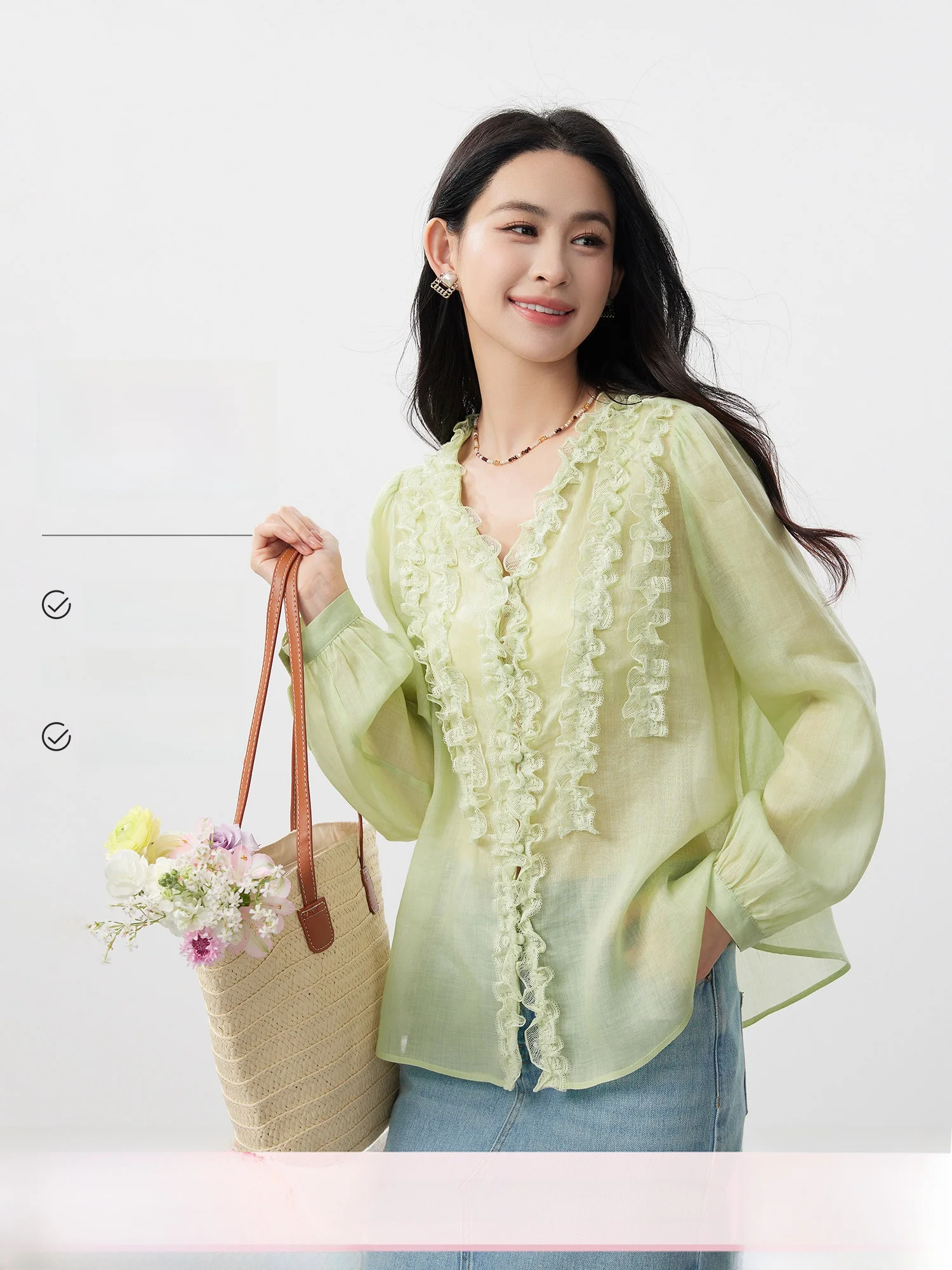 

Elegant Romantic New Green 100% Flax Lace Wooden Ear V-neck Shirt Women's Spring New Style Straight Tube Long Sleeve