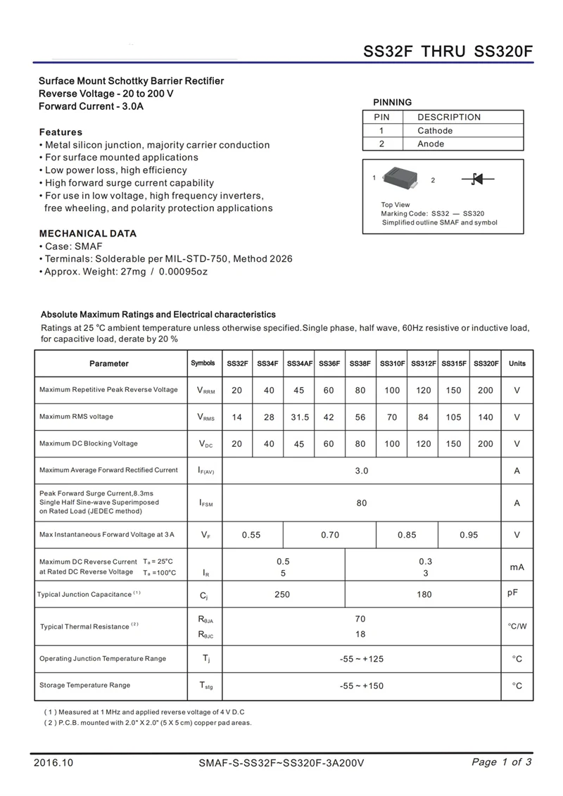 (50pcs) SS12F SS14F SS16F SS18F SS110F SS115F SS120F 3A SMD Schottky Diode SMAF