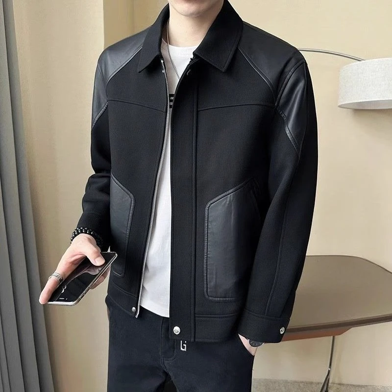 

2025 Spring Autumn Men's Streetwear PU Patchwork Jacket Premium Knitwear Design Slim Fit Premium Quality​