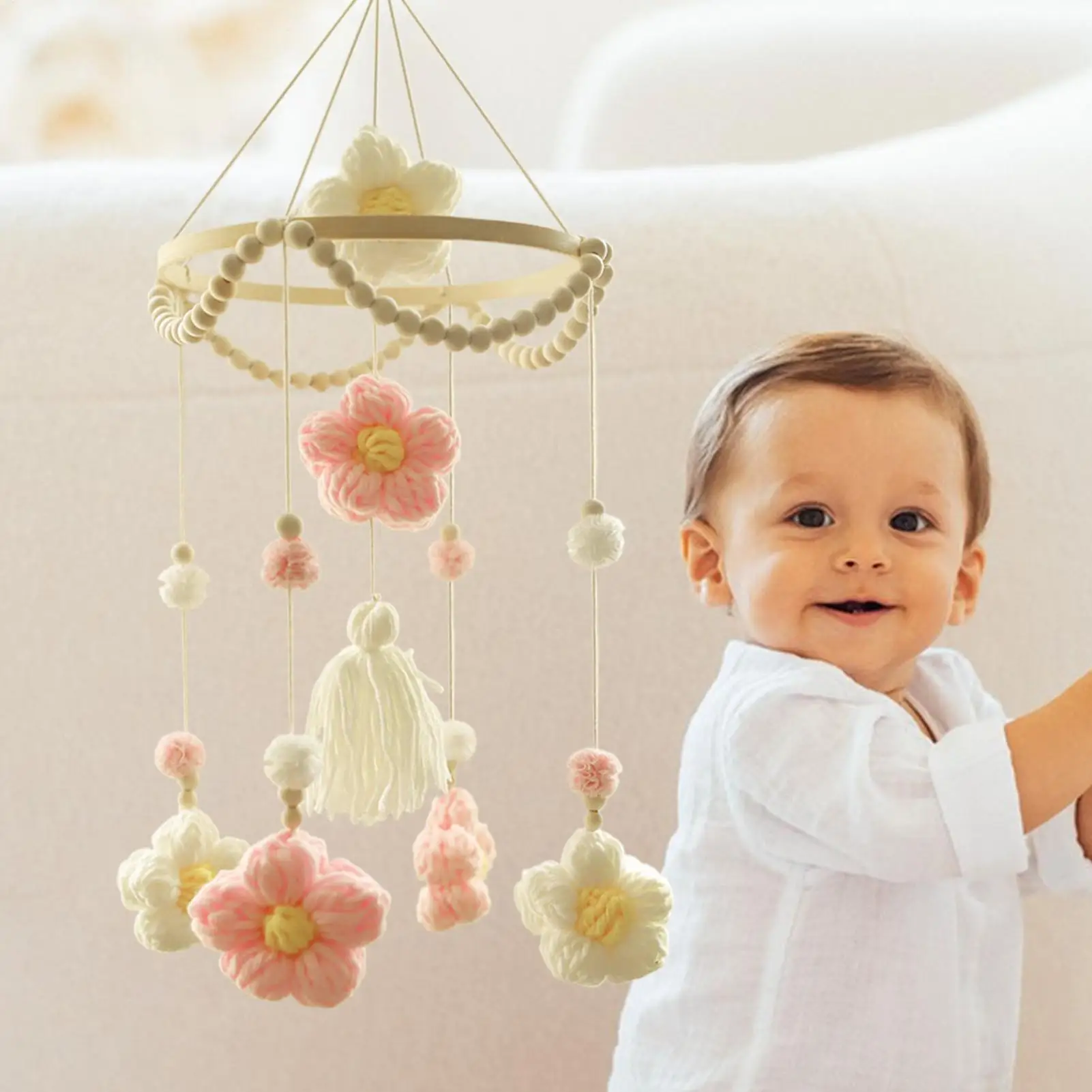 Toddler Crib Mobile Woven Flower Crib Mobile Boys Girls Soother Rotating Colorful Decoration For Wall Bassinet Home Bedroom