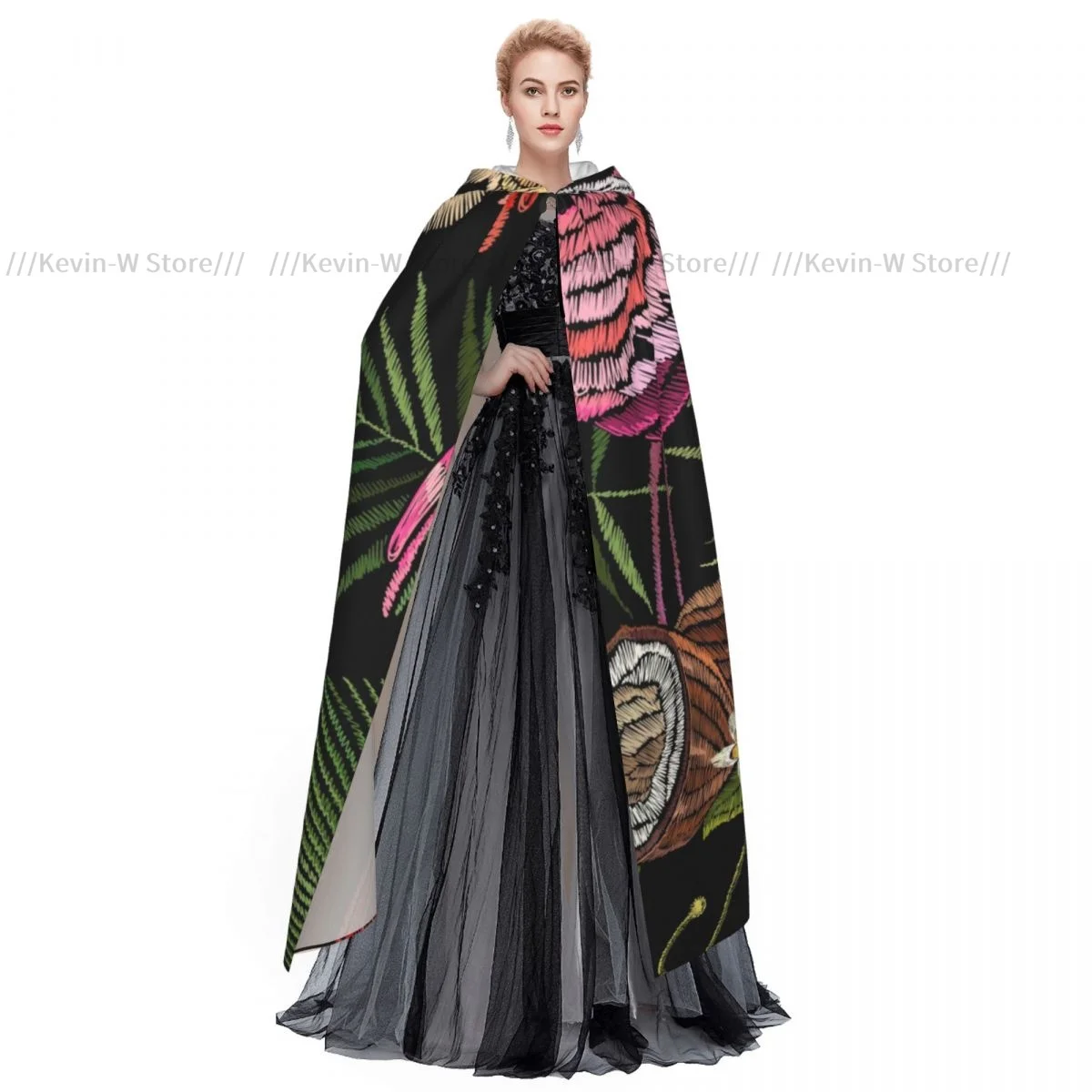 Unisex Witch Party Reversible Hooded Adult Vampires Cape Cloak Embroidery Tropical Flamingo Palm Tree Leaves Pineapple Coconut view 2