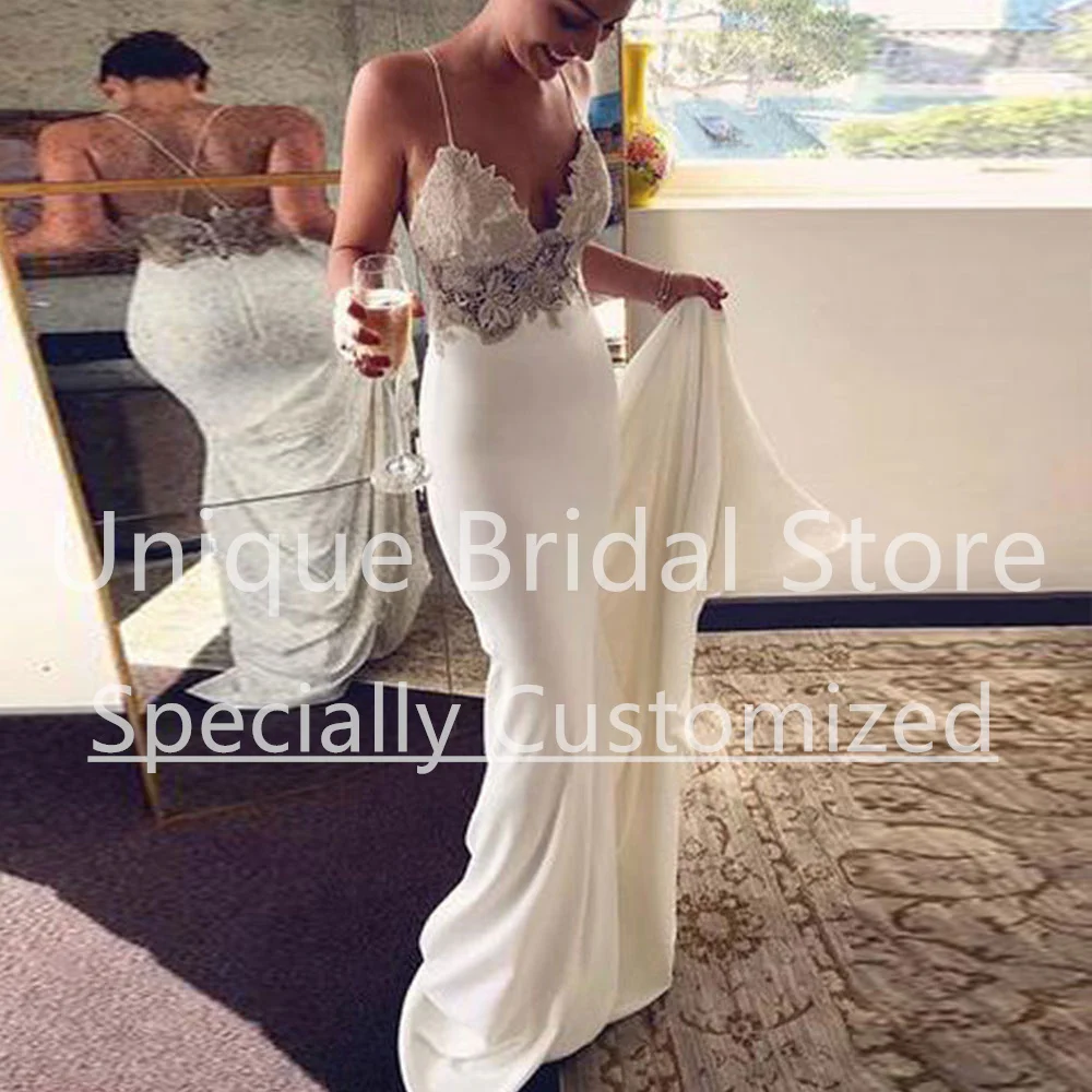 Customized Jersey Mermaid Wedding Dress Spaghetti Strap V-Neck Criss Cross Straps Covered Button Sleeveless Applique Sexy Vestid