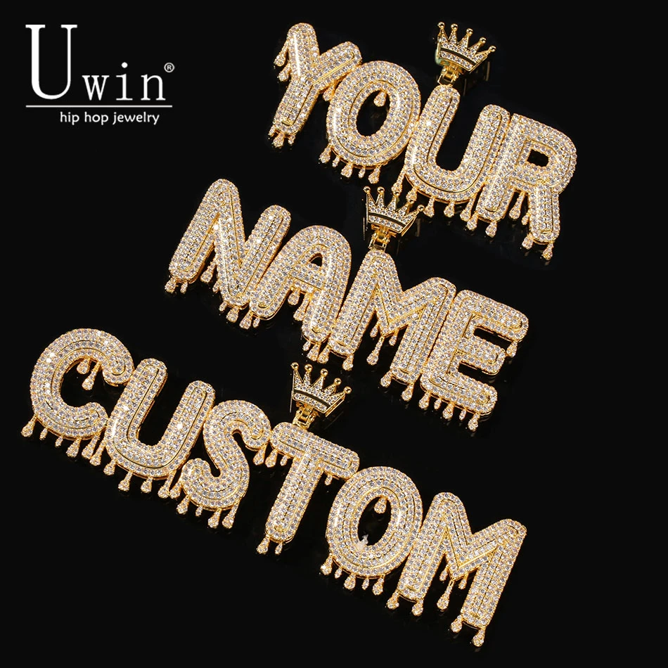 

UIWN Name Necklace Men Customize Drip Crown Intial Letter Pendant color Rose gold Commission Gift Jewelry Cuban Rope Chain