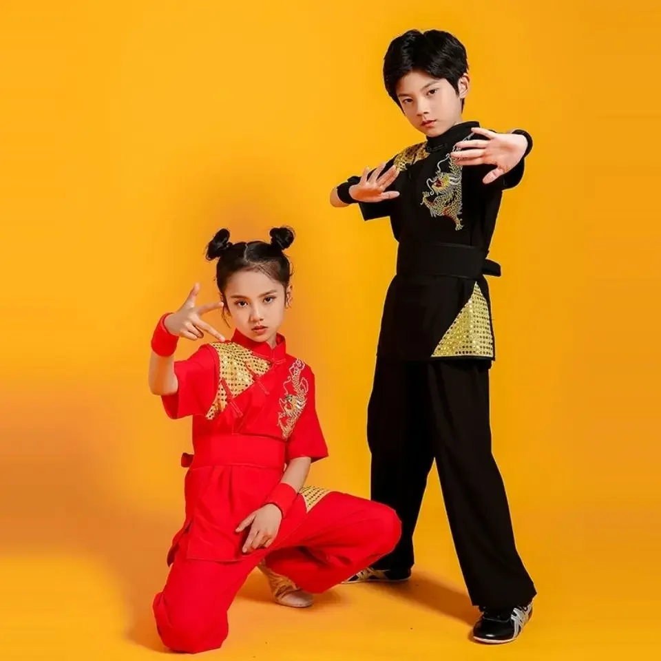 

2024, китайская детская тренировочная одежда для ушу, унисекс, наряд с блестками, костюм Чанцюань, костюм с диагональной пряжкой и вышивкой дракона, костюм кунг-фу