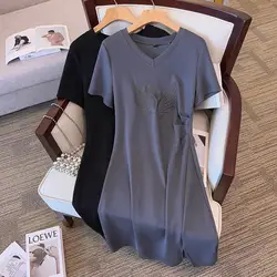 Vestido camisero de manga corta con cuello de pico para mujer, ropa informal con bordado de cisne, L-4XL talla grande, estilo Y2K