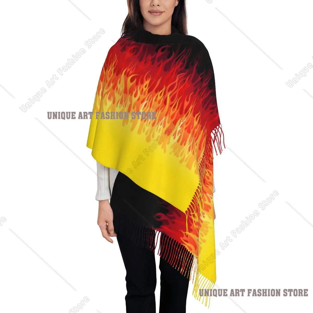 

Custom Red Burning Fire Racing Flames Tassel Scarf Women Winter Fall Warm Shawls Wraps Ladies Scarves