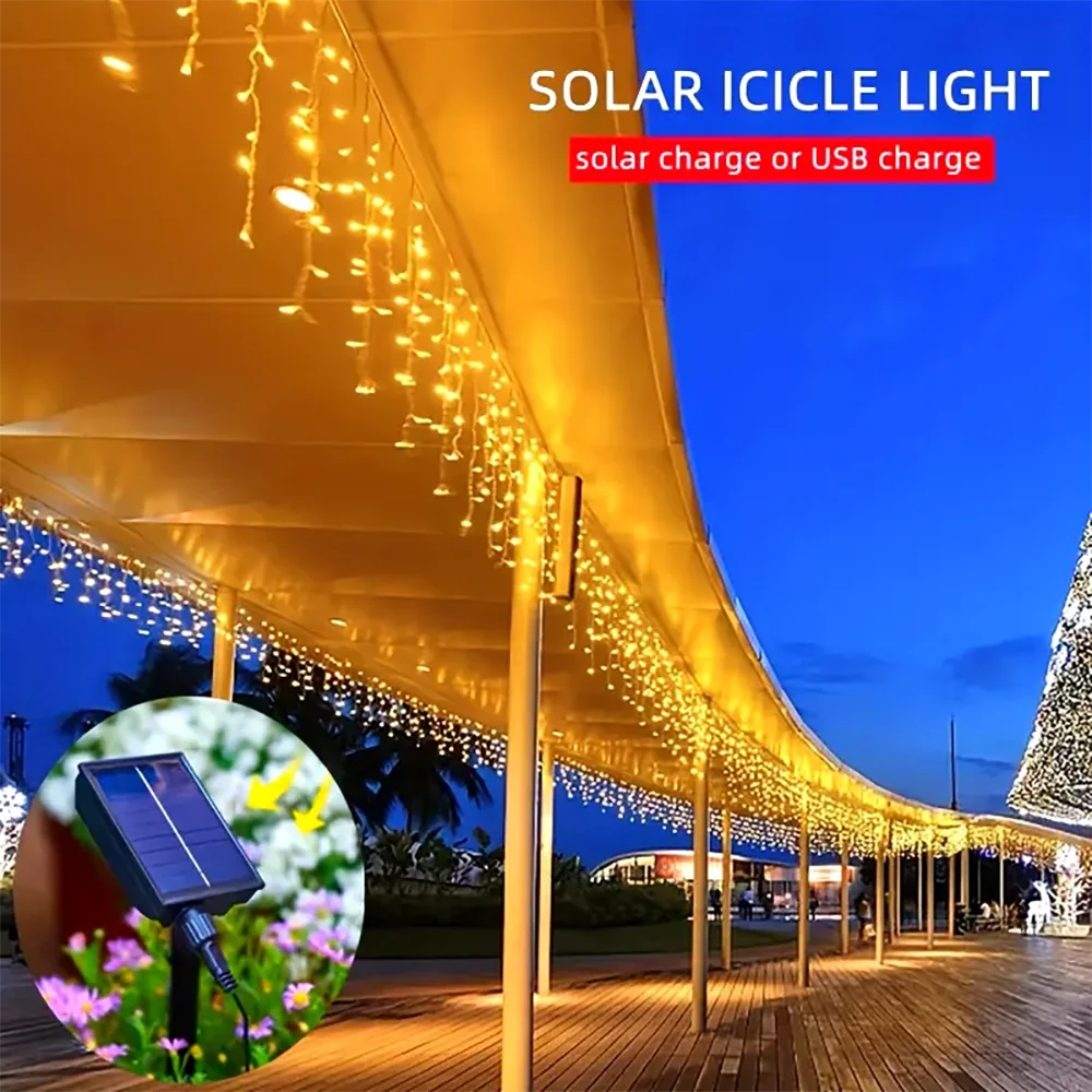 7.5M 160LED Outdoor Solar Light String Waterproof Solar Icicle Light Eaves Decor Curtain Light Christmas Decor Garden Garlands