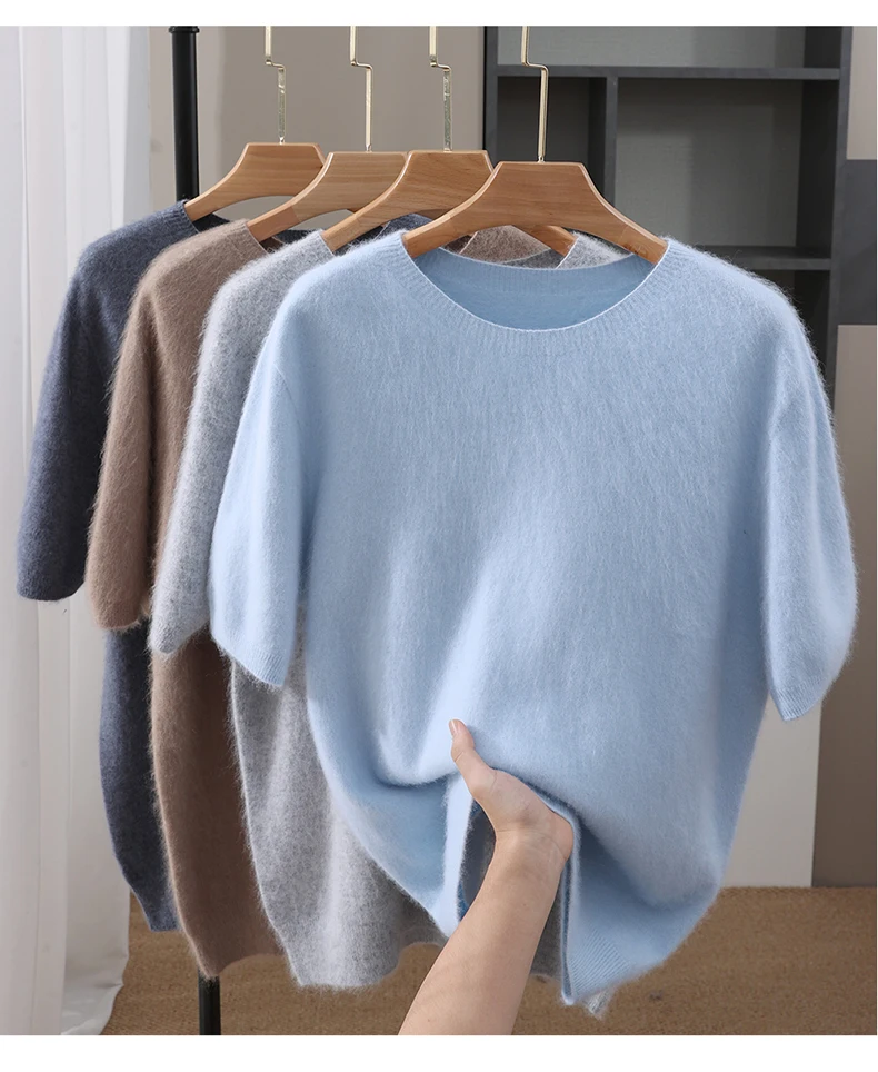 

New 100% pure mink one-line knitted short-sleeved top warm loose casual business sweater base