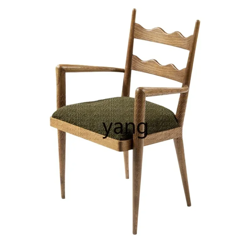 Yjq Vintage Solid Wood Dining Chair Home Armrest Leisure Armchair Fabric Desk