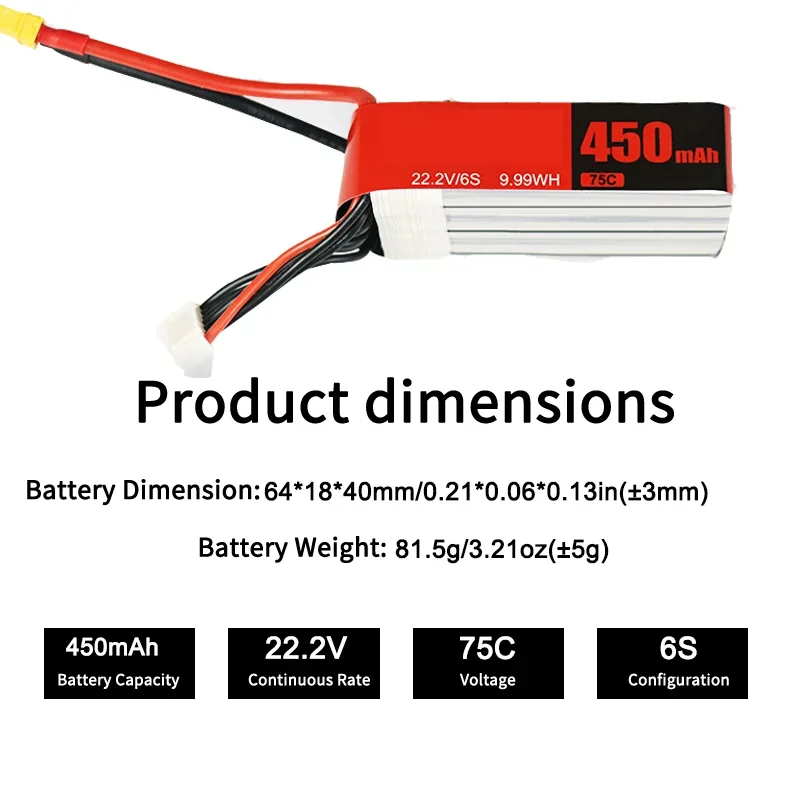 High Power Ultra Light 450mAh 6S 22.2V 75C Special Power Battery For FPV Racing Drone Small Quadcopter Models